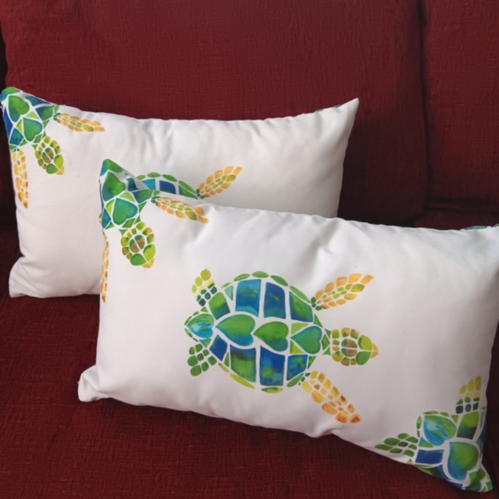 2 Turtle Pillows Silk Screened Zippered 20 x 12